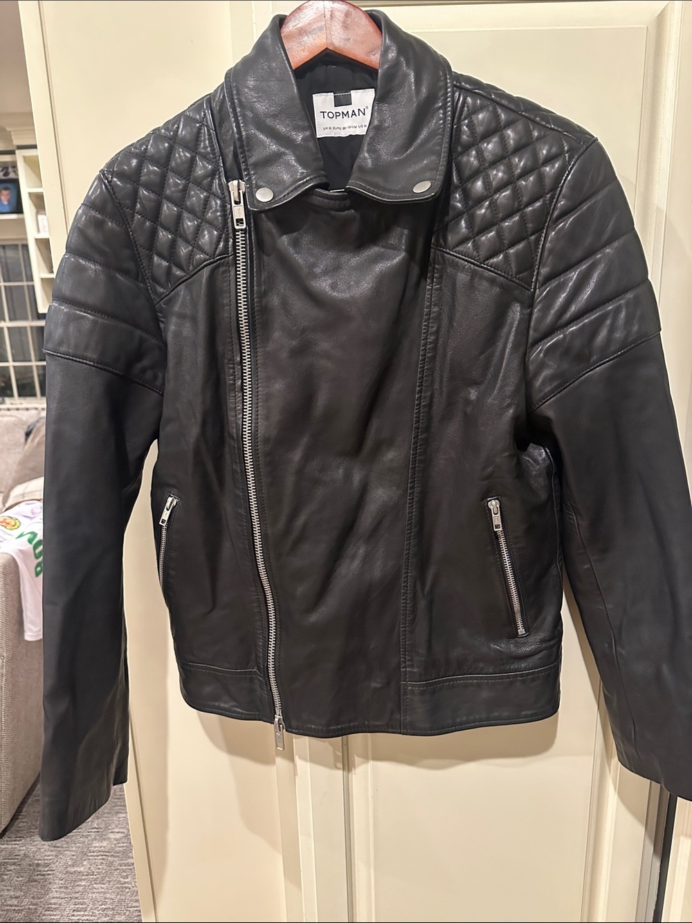 Topman Black Quilted-Shoulder Leather Moto Jacket